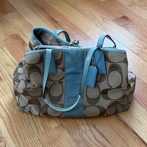 Coach Beige Signature Canvas Tote with Blue Leather Trim